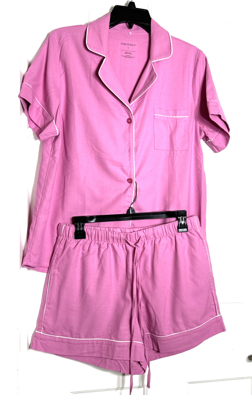 Posh Peanut Women's Cruisin' Pink Flannelette Luxe Pajama 2 Piece Short Set M